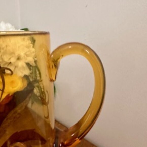 Vintage Amber Glass Pitcher with Gold and Red Leaf Design – Hand Painted Mid-Cen - Picture 7 of 9